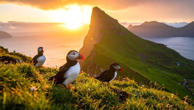Puffins at sunset on a dramatic cliff