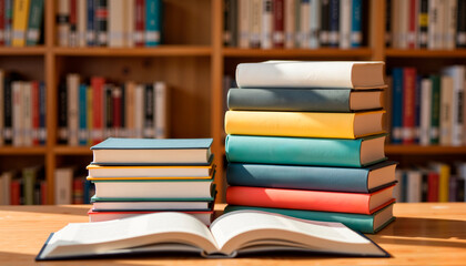 Stack of colorful books on wooden table in library setting, promoting global education  