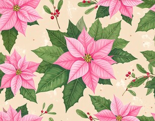 Pink poinsettias and winter berries repeat on a beige background