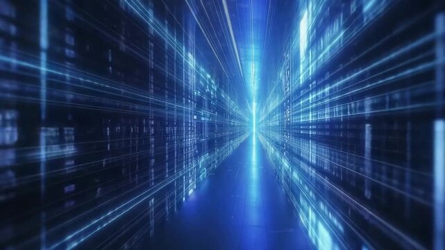 Abstract blue light tunnel with futuristic digital grid background perspective view effect 100 char