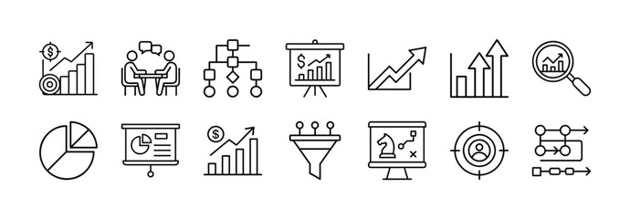 Business strategy planning and analysis icons set for marketing and sales management success