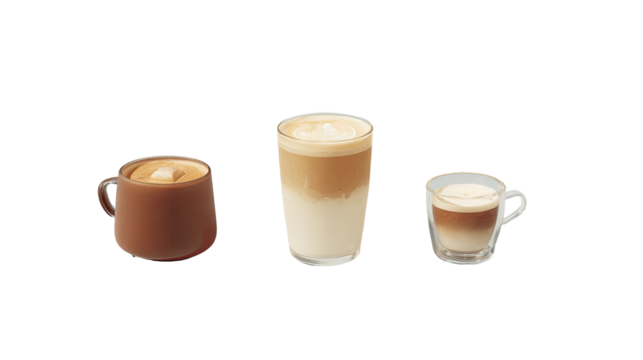 Three variations of a latte in different sizes