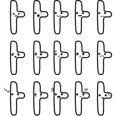 Cute korean alphabet vowel a doodle character with various expressions and  highlighted heart eyes, an outline black and white illustration set for stickers, emoji, and coloring books. 
