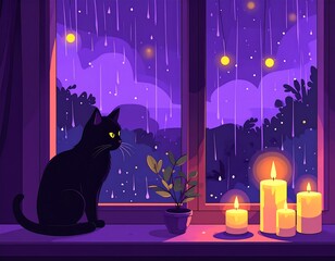 Rainy night scene, black cat sits on windowsill, candles lit, plants nearby