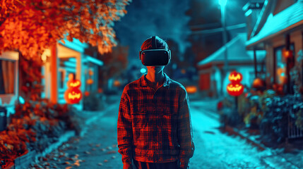 Person wearing VR headset, trick-or-treating in a glitchy, surreal neighborhood that blends real and digital