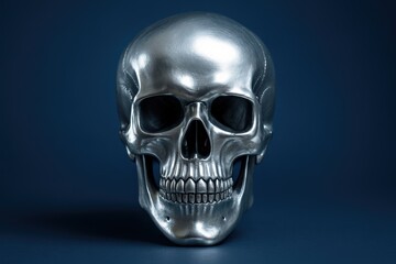 Chrome skull gleams with polished metallic surface, dramatically displayed against a minimalist deep blue backdrop, conveying edgy mystery