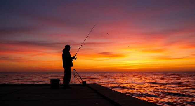 Fisherman silhouette on pier at sunset fishing against colorful sky - Powered by Adobe