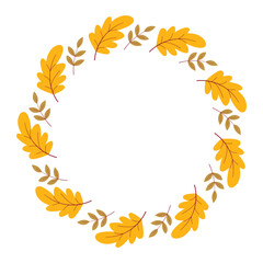 Round autumn wreath of yellow oak leaves. Fall season foliage frame. Leaves in a circle, flat style border, vector element