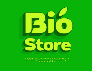 Vector Vegan signboard Bio Market. Stylish Green Font. Elegant 3D Alphabet Letters and Numbers.