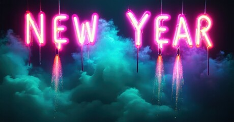 Bright neon text spells New Year above swirling blue, purple clouds. Pink sparks drip from letters creating festive mood.