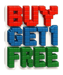 Colorful block-style sticker with BUY GET 1 FREE offer in bold letters, attractive retail promotion on transparent background.