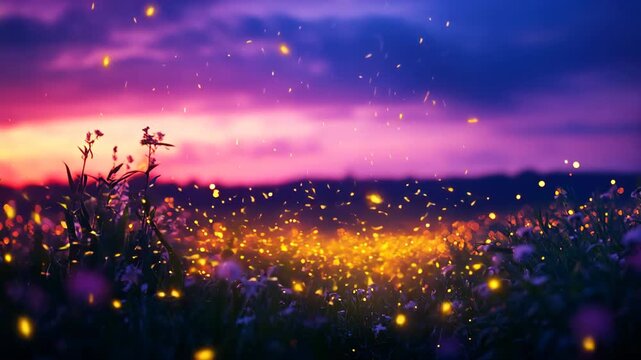 A glowing field of fireflies among fresh spring grass