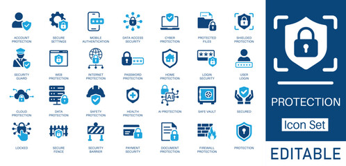 Protection and Security solid icon set. Featuring Cyber Protection, Data Protection, Mobile Authentication, and Cloud Protection. Flat vector design for cybersecurity strategy and online privacy. © Iconify