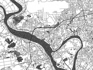 Naklejka premium Black and white illustrated map of Bien Hoa, Viet Nam, with streets, rivers, and neighborhoods.