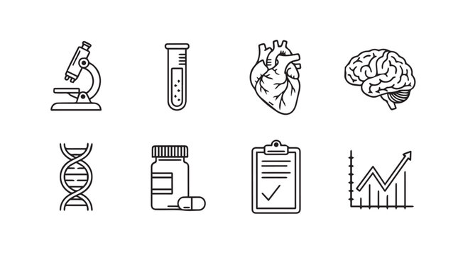 Set of medical science icons microscope test tube heart brain dna pills clipboard and chart vector