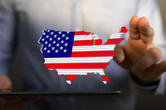 Person interacts with a digital map of the USA designed with American flag colors. Perfect for technology, business, and patriotism - Powered by Adobe