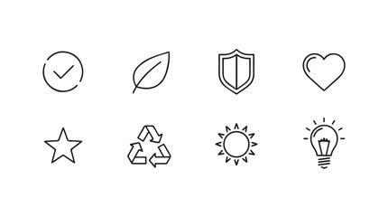 Set of hand drawn eco icons check leaf shield heart star recycle sun lightbulb sketch style vector