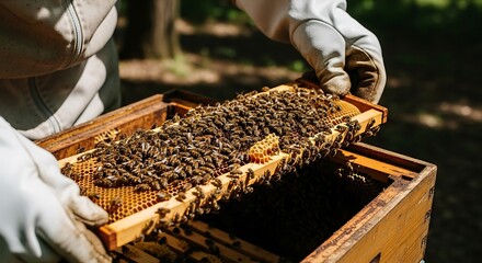 A beekeeper wearing protective gloves is inspecting a honeycomb frame filled with bees. The frame is being held over an open wooden beehive