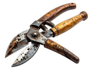 A rusty pair of open pruning shears with wooden handles and coiled spring