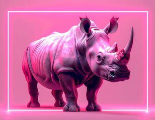 Pink rhino, digitally rendered, neon pink frame, studio lighting