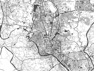 Decorative black and white map of Dhaka, Bangladesh, rendered in sketch-like style.