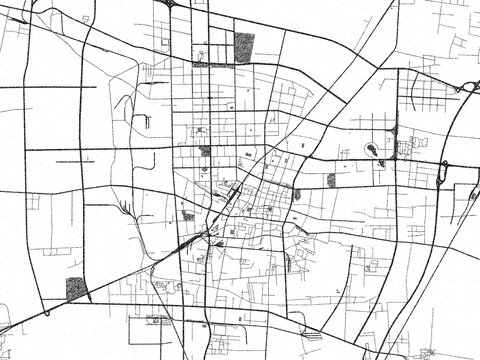 Urban black and white map of Baoding, China, designed in a sketch style for prints.