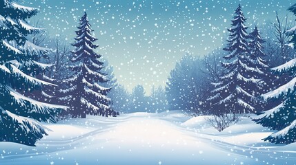 Fototapeta premium A serene winter landscape featuring snow-covered trees and a gentle snowfall under a clear blue sky.
