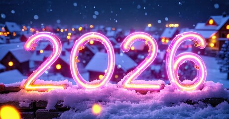 Glowing neon numbers display year 2026. Snowy landscape, city lights visible. Festive winter scene, bright illumination.