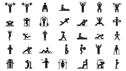 Obraz premium Diverse black and white fitness poses icons representing various exercises and sports activities isolated on white background