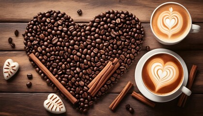 Fresh Roasted Coffee Beans and Latte Art in Cup on Wooden Table