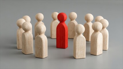 A group of wooden figures surrounds a single red figure, symbolizing leadership, individuality, or standing out from the crowd