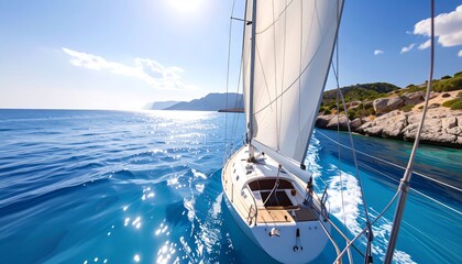 Sailboat glides across a vibrant blue sea, sunlight gleaming on the water, coastal hills in the distance