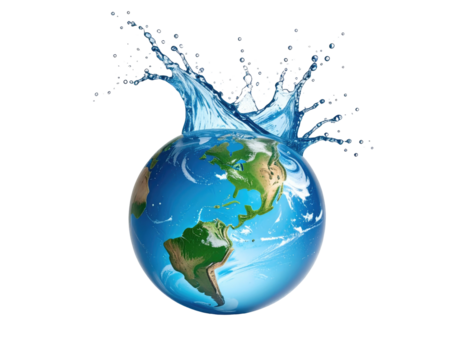 Earth globe enveloped in a splash of water, highlighting continents