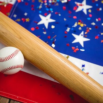 Baseball bat and ball on American flag