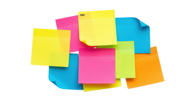 Pile of colorful sticky notes for creative brainstorming and reminders isolated PNG with Transparent Background