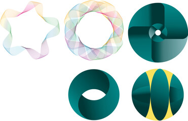 Six radial geometric shapes with gradients and symmetry—EPS vector for abstract and tech design.