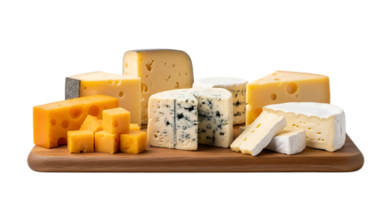 Assorted Cheeses on Wooden Board cutout png isolated on a transparent background
