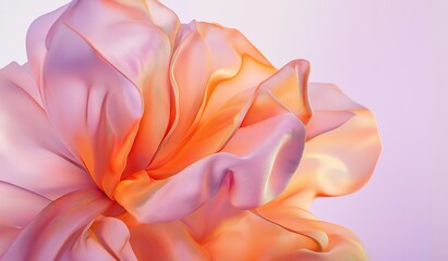 A close up of an elegant fabric flower with soft pink and orange silk petals against a pastel lavender background with delicate folds and texture