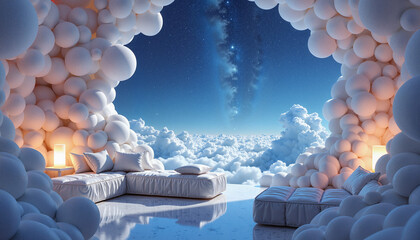 Dreamy indoor space, couch made of clouds with a view of the starry sky, with space for text