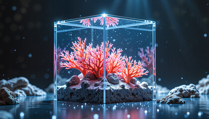 Coral reef in a glass cube aquarium, concept of underwater ecosystem