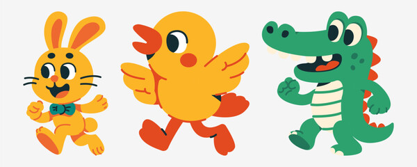 Obraz premium Enchanting Cartoon Animals On The Move With Delightful Yellow Rabbit Duck And Green Alligator