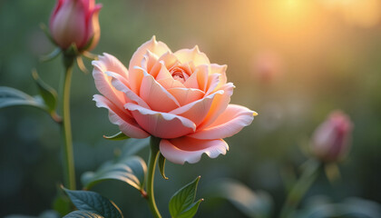 Blooming peach rose in natural sunlight, with space for text