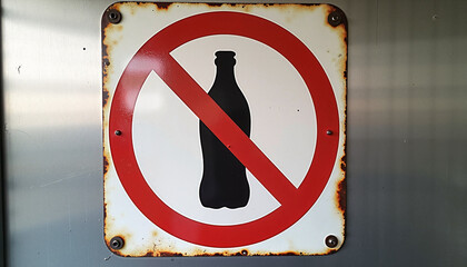 No plastic bottles prohibition sign, metal, aged condition