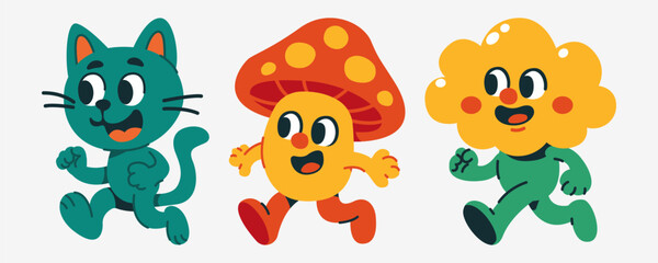 Cheerful Retro Characters Running On A White Background Cartoon Style Art Design