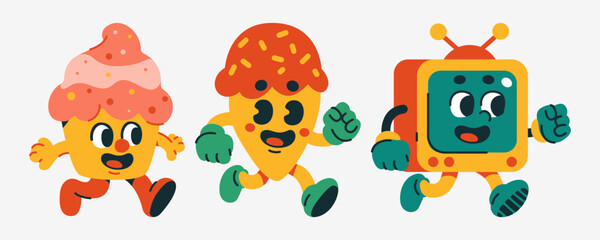 Groovy Retro Cartoon Characters Running With a Television Cupcake and Cone Having a Blast