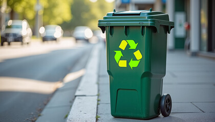 Green recycling bin with arrows on city street, symbolizing environmental awareness