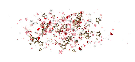 Festive background with red, silver and gold stars and snowflakes floating on a white backdrop, perfect for Christmas and holiday projects.