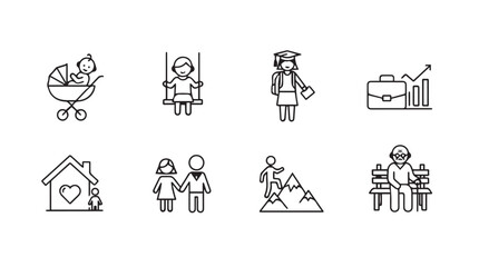Simple line art icons representing stages of life and family moments vector