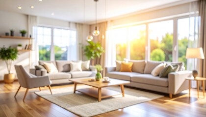 Blurred background of a bright and airy modern living room featuring natural light, cozy decor, and inviting seating arrangements 