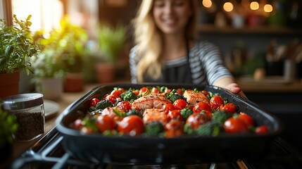 Woman smiles, holding baked salmon, broccoli, and tomatoes on a baking sheet